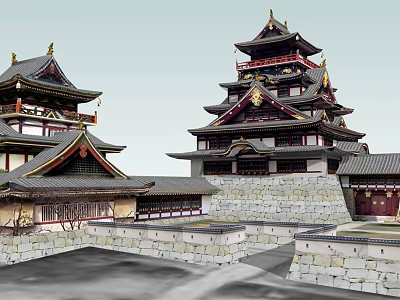 Traditional Ancient Architecture Featuring Tiered Towers Curved Roofs And Stone Walls 3d model