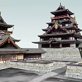 Traditional Ancient Architecture Featuring Tiered Towers Curved Roofs And Stone Walls