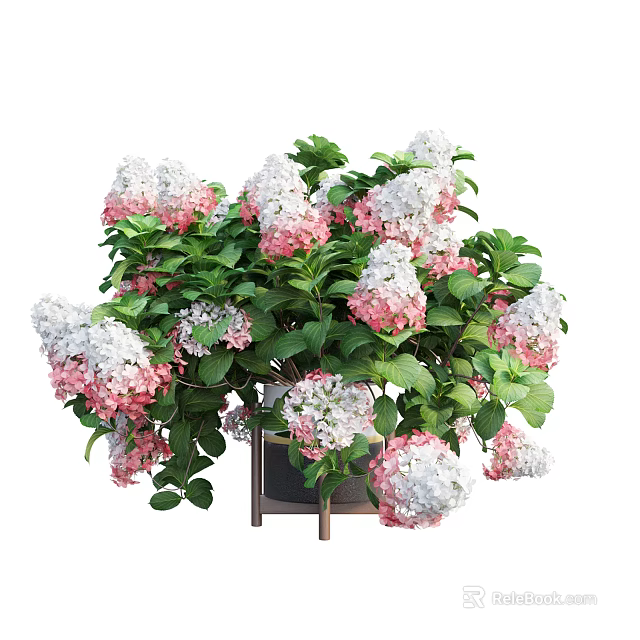 Potted Bonsai Plant with Pink And White Flowers And Lush Green Leaves On Wooden Stand 3d model 
