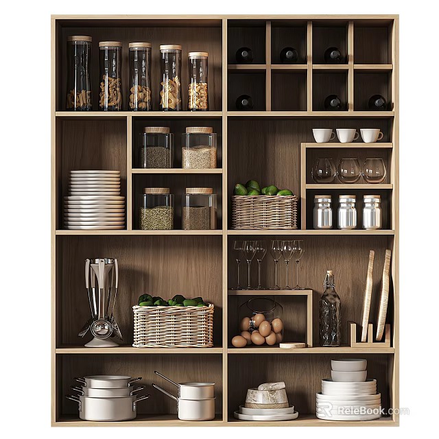 Organized Kitchen Storage Shelf With Glass Jars Plates Bowls Wine Glasses Blender And Cooking Tools 3d model 