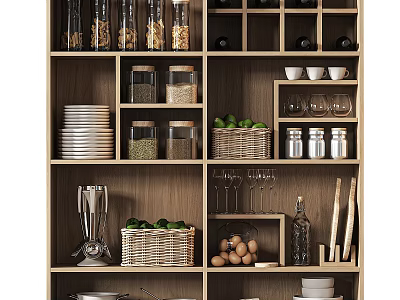 Organized Kitchen Storage Shelf With Glass Jars Plates Bowls Wine Glasses Blender And Cooking Tools 3d model
