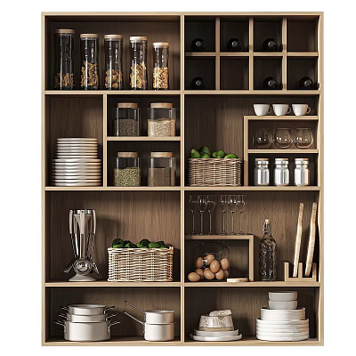 Organized Kitchen Storage Shelf With Glass Jars Plates Bowls Wine Glasses Blender And Cooking Tools 3d model