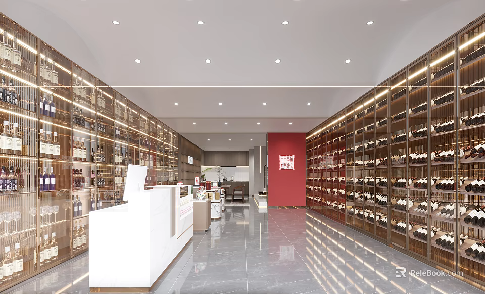 Modern Liquor Store Interior Design With Shelves Wine Bottles And White Counter 3d model 