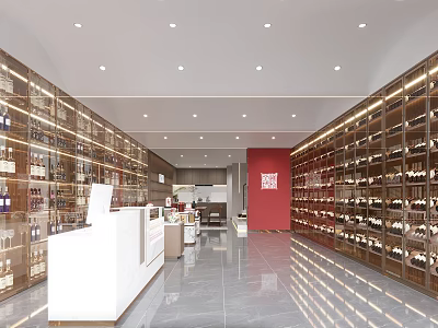 Modern Liquor Store Interior Design With Shelves Wine Bottles And White Counter 3d model