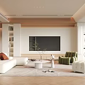 Modern Living Room Interior Design With White Sofa Green Armchair Coffee Table And TV Wall