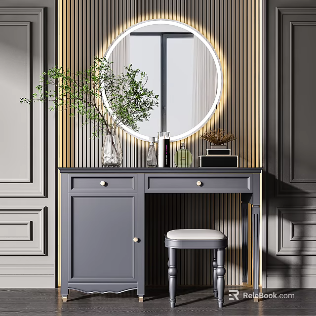 Modern Gray Dressing Table With Round LED Mirror Stool And Decorative Storage 3d model