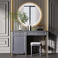 Modern Gray Dressing Table With Round LED Mirror Stool And Decorative Storage 3d model