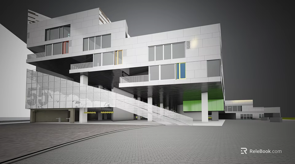 Modern White Office Building Exterior Design With Glass Windows Stairs And Columns 3d model 