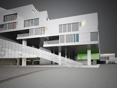 Modern White Office Building Exterior Design With Glass Windows Stairs And Columns 3d model