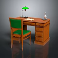 Green Upholstered Office Chair At Wooden Desk With Green Lamp Open Book And Clear Bottle