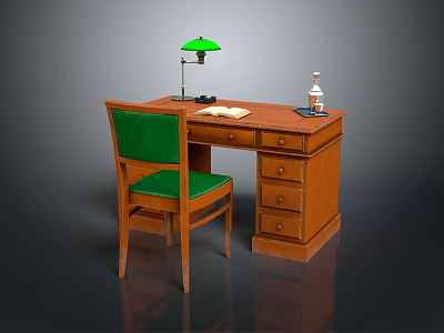 Green Upholstered Office Chair At Wooden Desk With Green Lamp Open Book And Clear Bottle 3d model