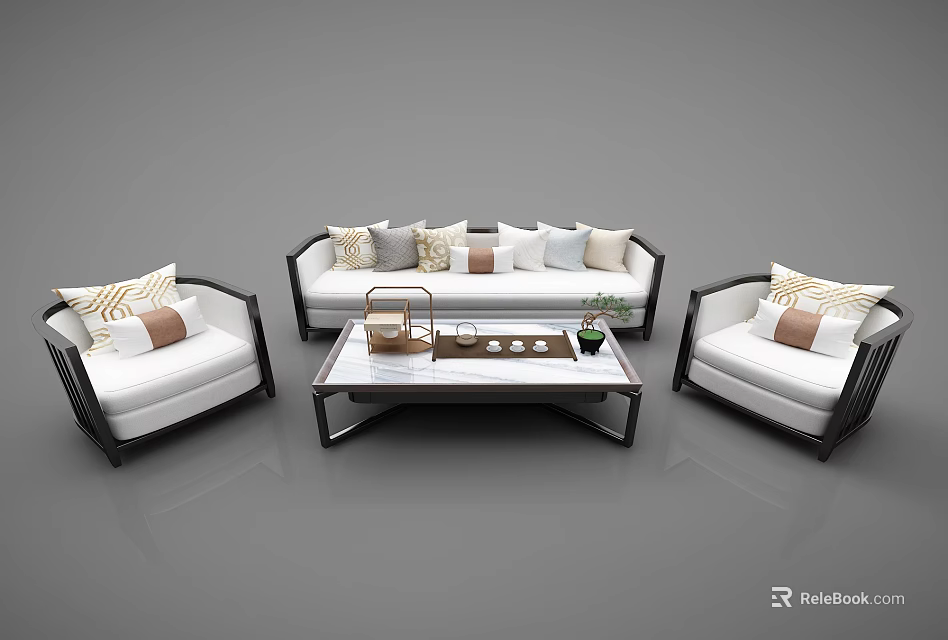Modern Sofa And Coffee Table Set With White Upholstery Black Frame And Decorative Items 3d model