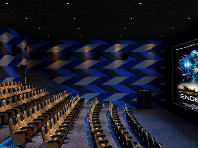 Modern Cinema Interior With Blue Black Chevron Wall Pattern Comfortable Seats And Large Screen 3d model