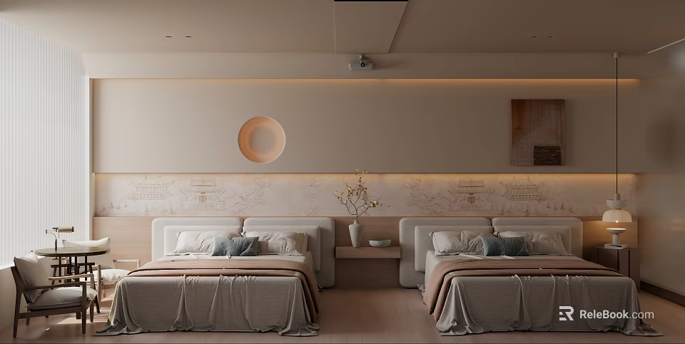 Hotel Guest Room With Two Beds Beige Bedding Circular Wall Decor Vase And Wooden Floor 3d model 