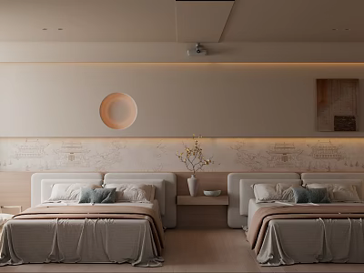 Hotel Guest Room With Two Beds Beige Bedding Circular Wall Decor Vase And Wooden Floor 3d model