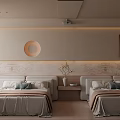 Hotel Guest Room With Two Beds Beige Bedding Circular Wall Decor Vase And Wooden Floor