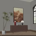 Wooden Console Table with Red Vase Books Lamp Near Potted Plant Painting and Arch Window
