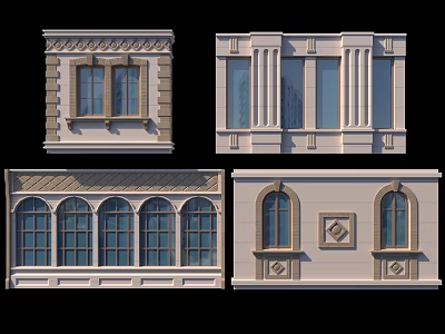 Various Classical Architectural Window Facade Designs With Columns Arches And Ornaments 3d model