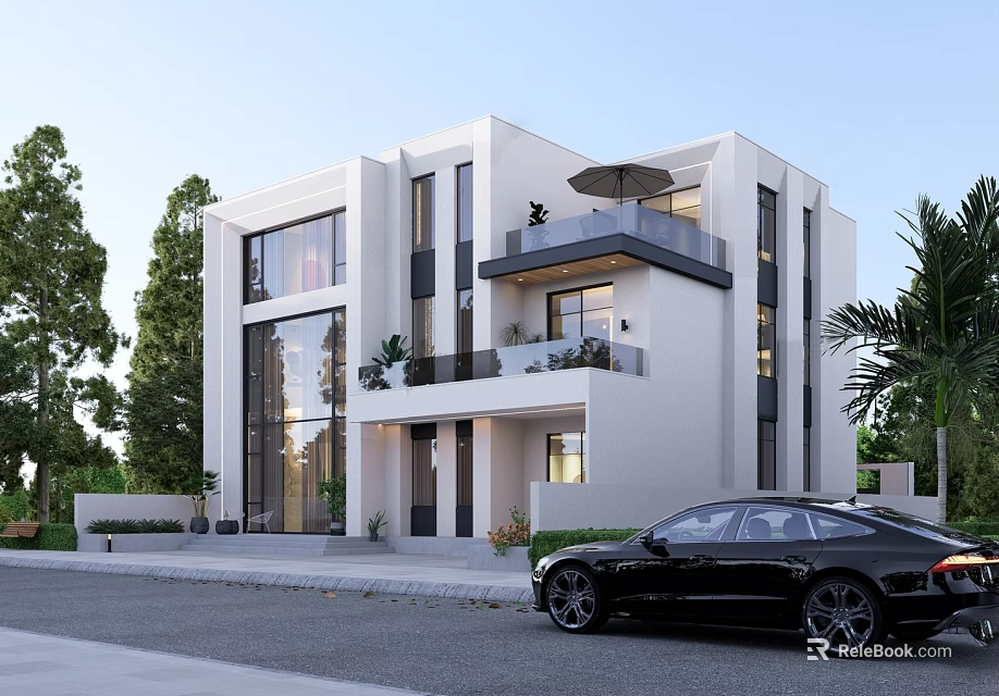 Modern Detached Villa With White Exterior Large Windows Balcony With Parasol Greenery And Black Car 3d model 