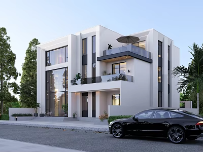 Modern Detached Villa With White Exterior Large Windows Balcony With Parasol Greenery And Black Car 3d model