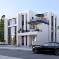 Modern Detached Villa With White Exterior Large Windows Balcony With Parasol Greenery And Black Car