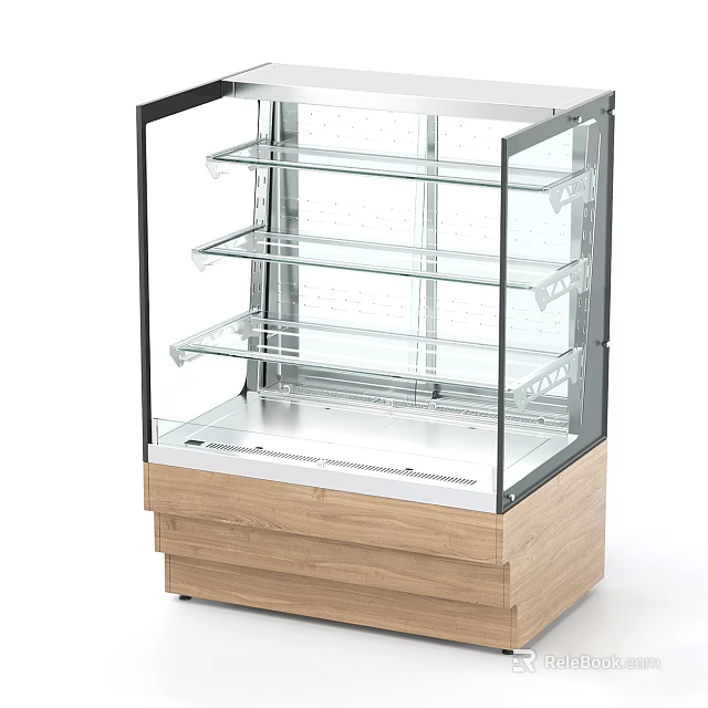 Modern Kitchen Refrigerated Display Case With Glass Door Multiple Transparent Shelves And Wooden Base 3d model 