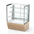 Modern Kitchen Refrigerated Display Case With Glass Door Multiple Transparent Shelves And Wooden Base