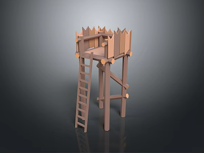 Scenic Rural Landscape Featuring Wooden Watchtower with Ladder and Pointed Fence Railing 3d model