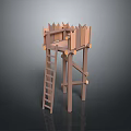 Scenic Rural Landscape Featuring Wooden Watchtower with Ladder and Pointed Fence Railing