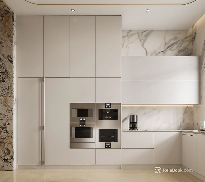 Modern Kitchen Interior With White Cabinets Marble Countertops And Built-in Ovens 3d model 