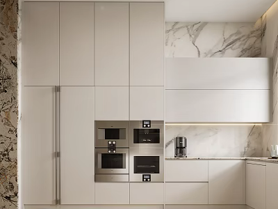 Modern Kitchen Interior With White Cabinets Marble Countertops And Built-in Ovens 3d model