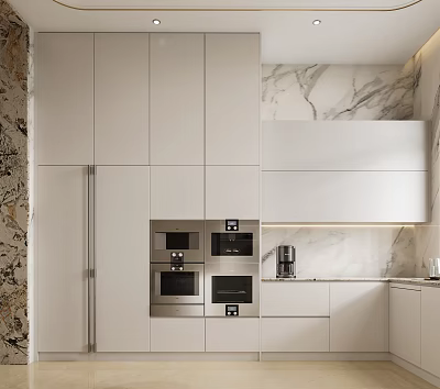 Modern Kitchen Interior With White Cabinets Marble Countertops And Built-in Ovens 3d model