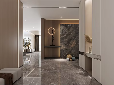 Modern Entryway Hallway Design Featuring Marble Floor Wooden Walls Round Light And Bench 3d model