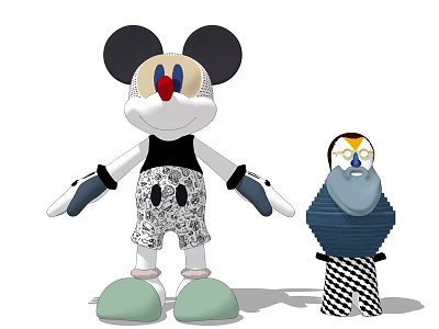 Stuffed Play Dolls With Big Black Ears Red Nose Green Shoes And Small Bearded Doll 3d model