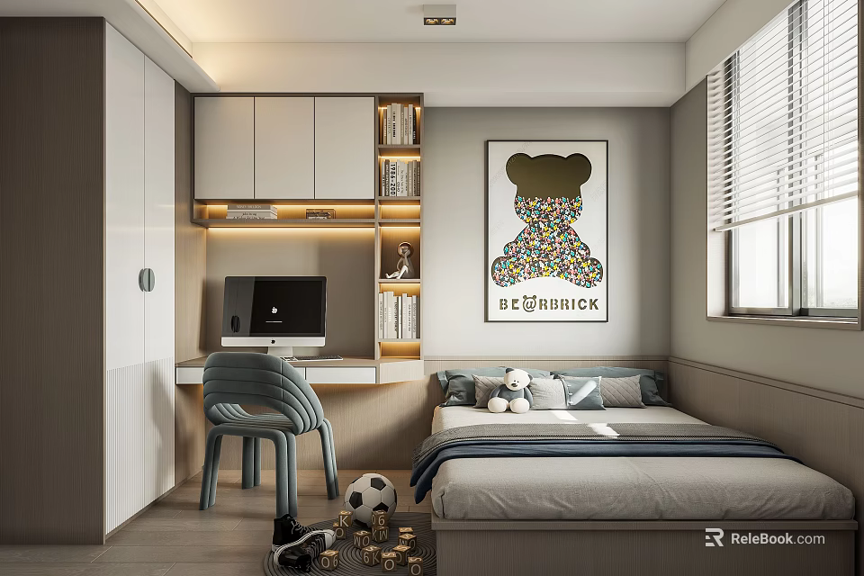 Modern Tatami Bedroom Interior With Desk Bookshelf Teddy Bear Painting And Window 3d model 