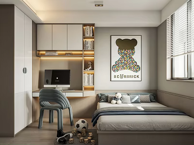 Modern Tatami Bedroom Interior With Desk Bookshelf Teddy Bear Painting And Window 3d model