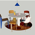 Modern Round Table and Chairs Set with Colorful Seats Circular Rug and Blue Pendant