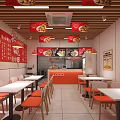 Orange Restaurant Facade With Logo Signage And Interior Tables Chairs Design