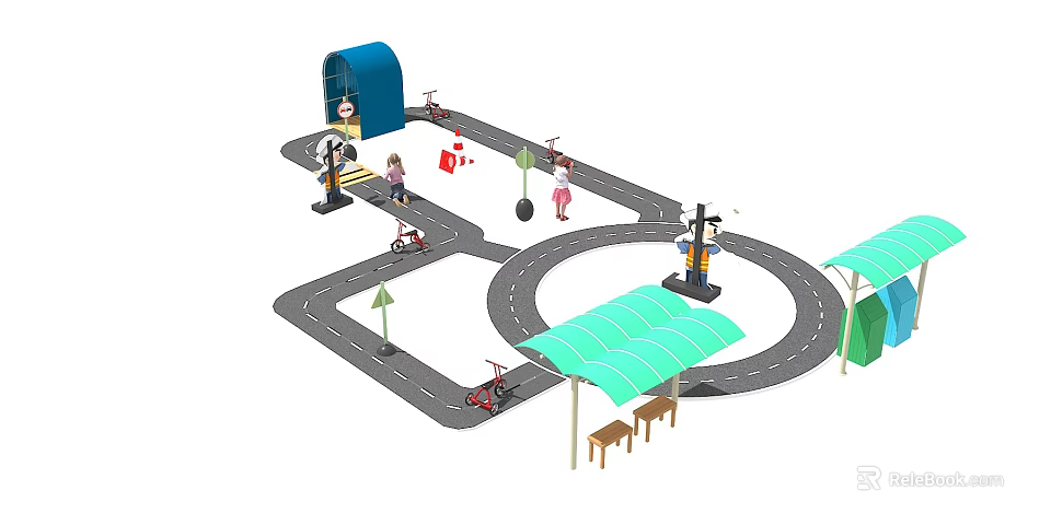 Kindergarten Outdoor Play Area With Mini Road Toy Cars Traffic Signs Canopy And Benches 3d model 