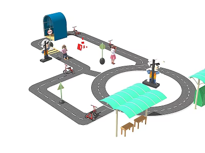 Kindergarten Outdoor Play Area With Mini Road Toy Cars Traffic Signs Canopy And Benches 3d model