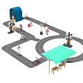Kindergarten Outdoor Play Area With Mini Road Toy Cars Traffic Signs Canopy And Benches