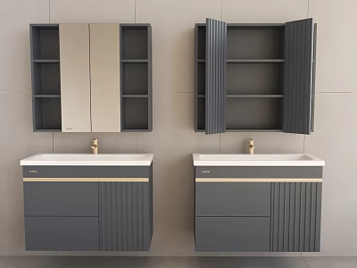 Modern Bathroom Vanity Cabinet with Mirror Open Shelves and Gray Gold Finish 3d model