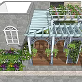Rooftop Garden Design With Gray Stone Walls White Pergola Wooden Deck And Colorful Flowers