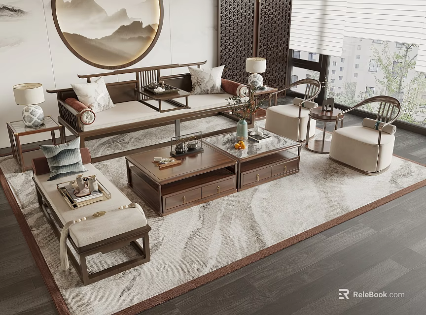 Chinese Style Living Room Interior With Wooden Sofa Coffee Table Set And Decorative Lamps On Rug 3d model 