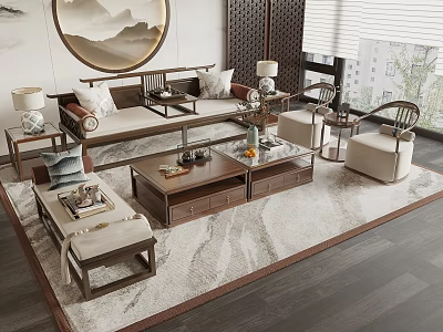 Chinese Style Living Room Interior With Wooden Sofa Coffee Table Set And Decorative Lamps On Rug 3d model