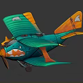 Space Themed Toy Biplane Model With Turquoise Orange Body And Shark Decals Propeller