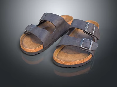 Leather Sandals With Cork Sole And Metal Buckles For Daily Casual Wear 3d model