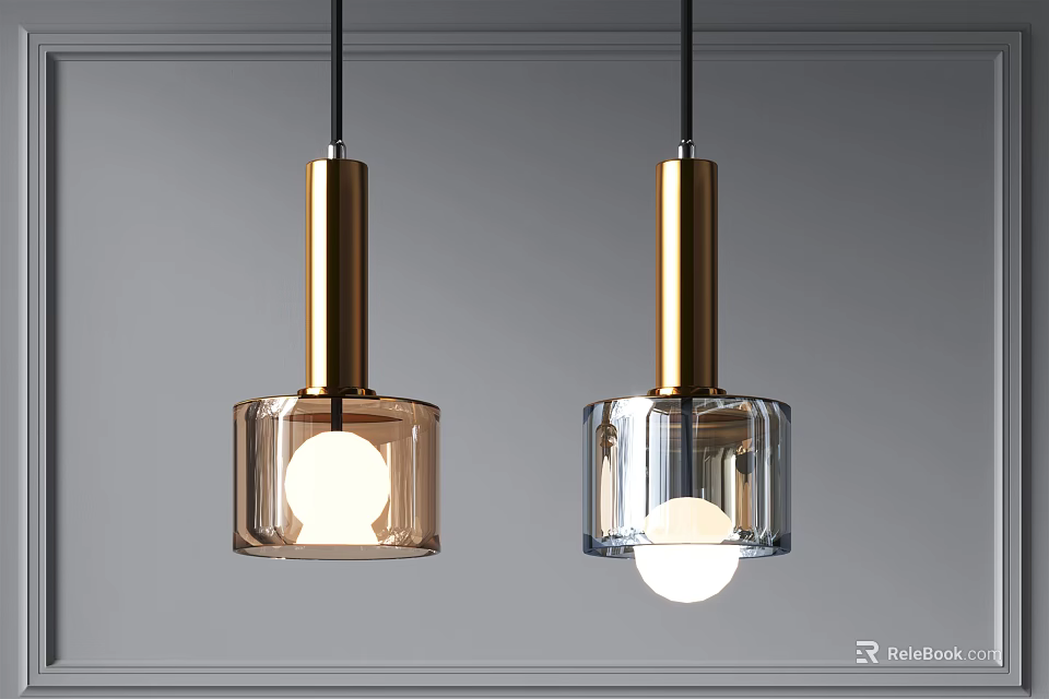 Two Modern Pendant Lights With Brown Transparent Glass Shades Gold Metal Rods Against Grey Wall 3d model 