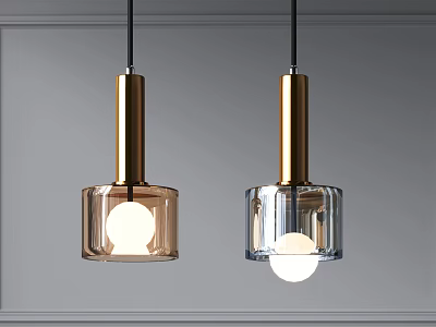 Two Modern Pendant Lights With Brown Transparent Glass Shades Gold Metal Rods Against Grey Wall 3d model