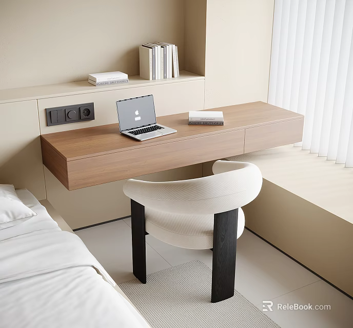 Modern Wooden Desk with Laptop Books and White Chair in Bedroom Window Blinds 3d model 